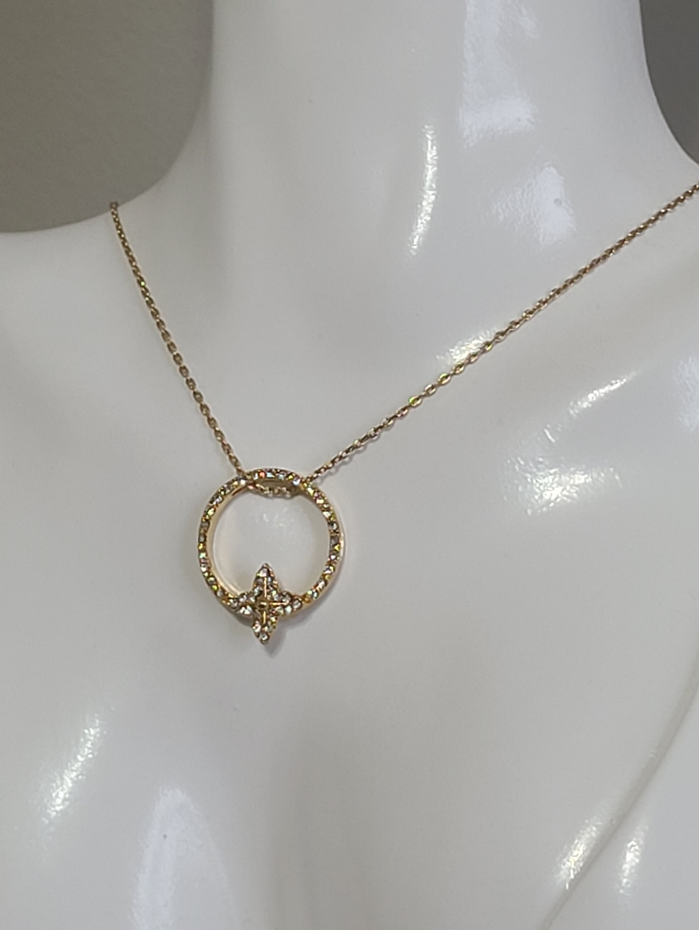 Celestial Sun Star Gold Tone Rhinestone Round Circle Pendant Chain Necklace